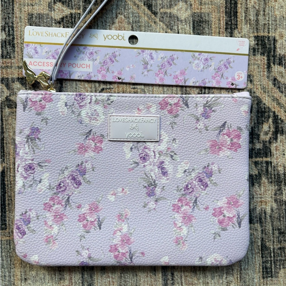 LoveShackFancy Lavender Floral Wristlet Pouch with Pink Accents